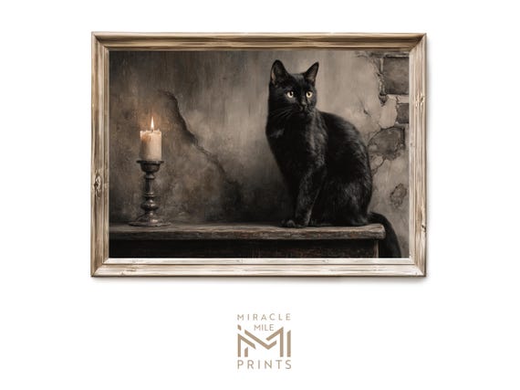 Halloween Black Cat With Candle Print Gothic Spooky Wall Art Vintage Witchy Decor Dark Academia 354