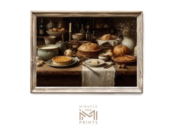 Fall Kitchen Table Wall Art Rustic Autumn Harvest With Freshly Baked Pies Moody Farmhouse Decor Artful Print H 499