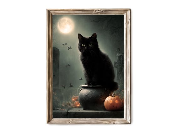 Halloween Wall Art Black Cat With Pumpkin Spooky Witch Familiar Vintage Gothic Decor 244