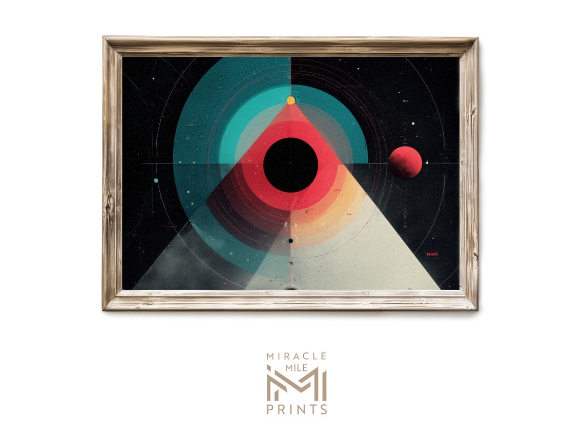Cosmic Eclipse Teal Red Triangle Abstract Geometric Wall Art