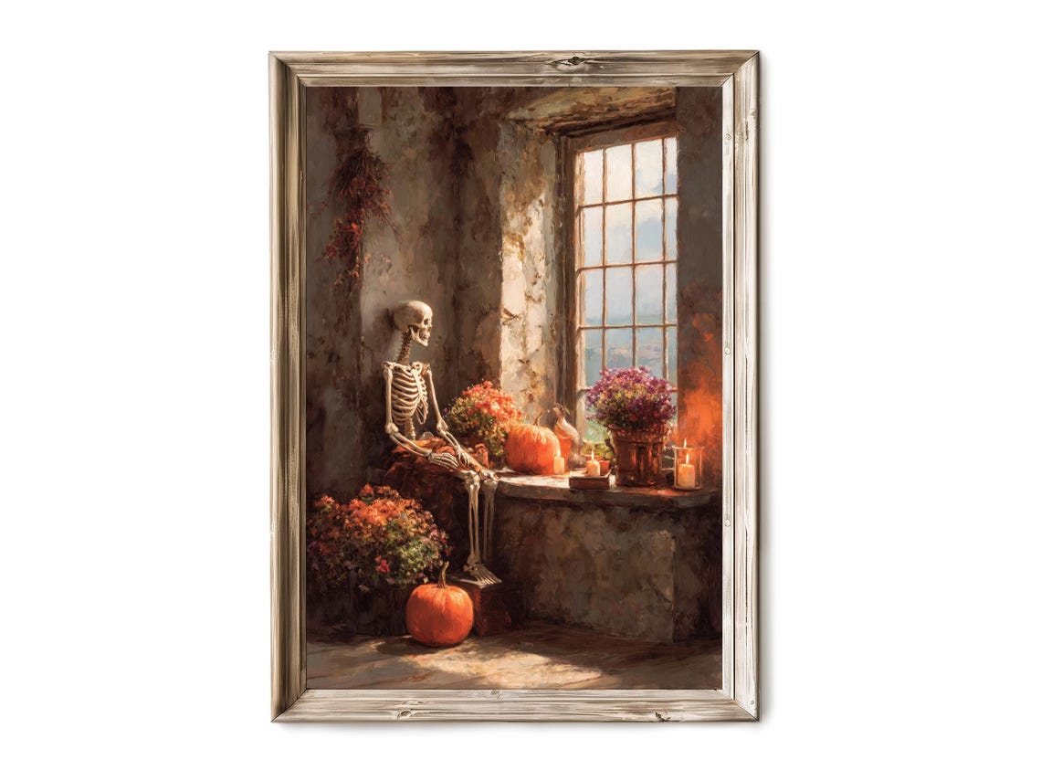 Halloween Wall Art Skeleton Sitting By Autumn Window Cozy Gothic Scene Vintage Haunted Decor Print 276