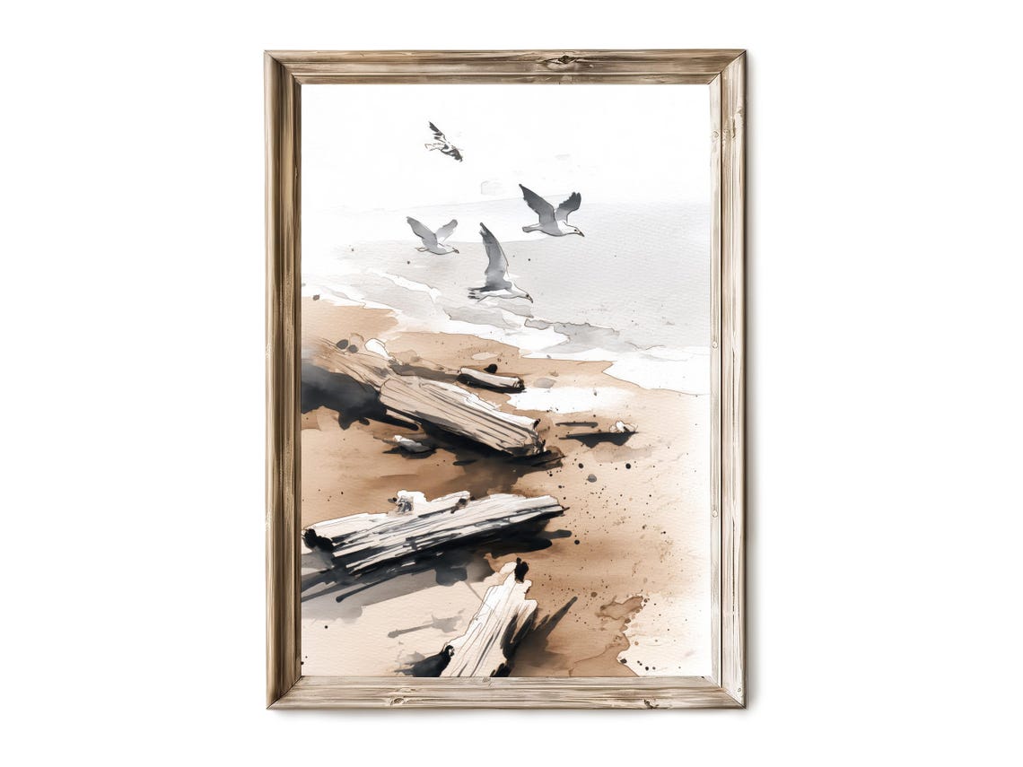 Seagulls Driftwood Beach Ink Wash Watercolor Coastal Shore Poster