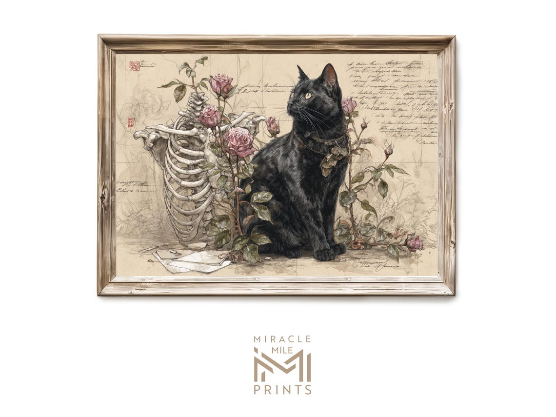 Halloween Gothic Cat Illustration Black With Skeleton Design Haunted Spooky Vintage Wall Art Dark Academia Decor 334