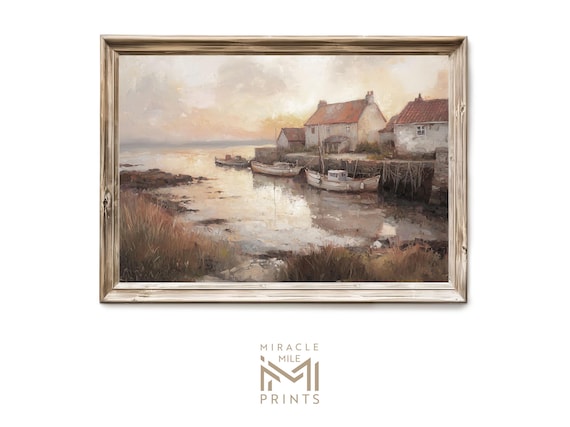 Vintage Seaside Fishing Village Harbor Sunset Antique Oil Painting Poster