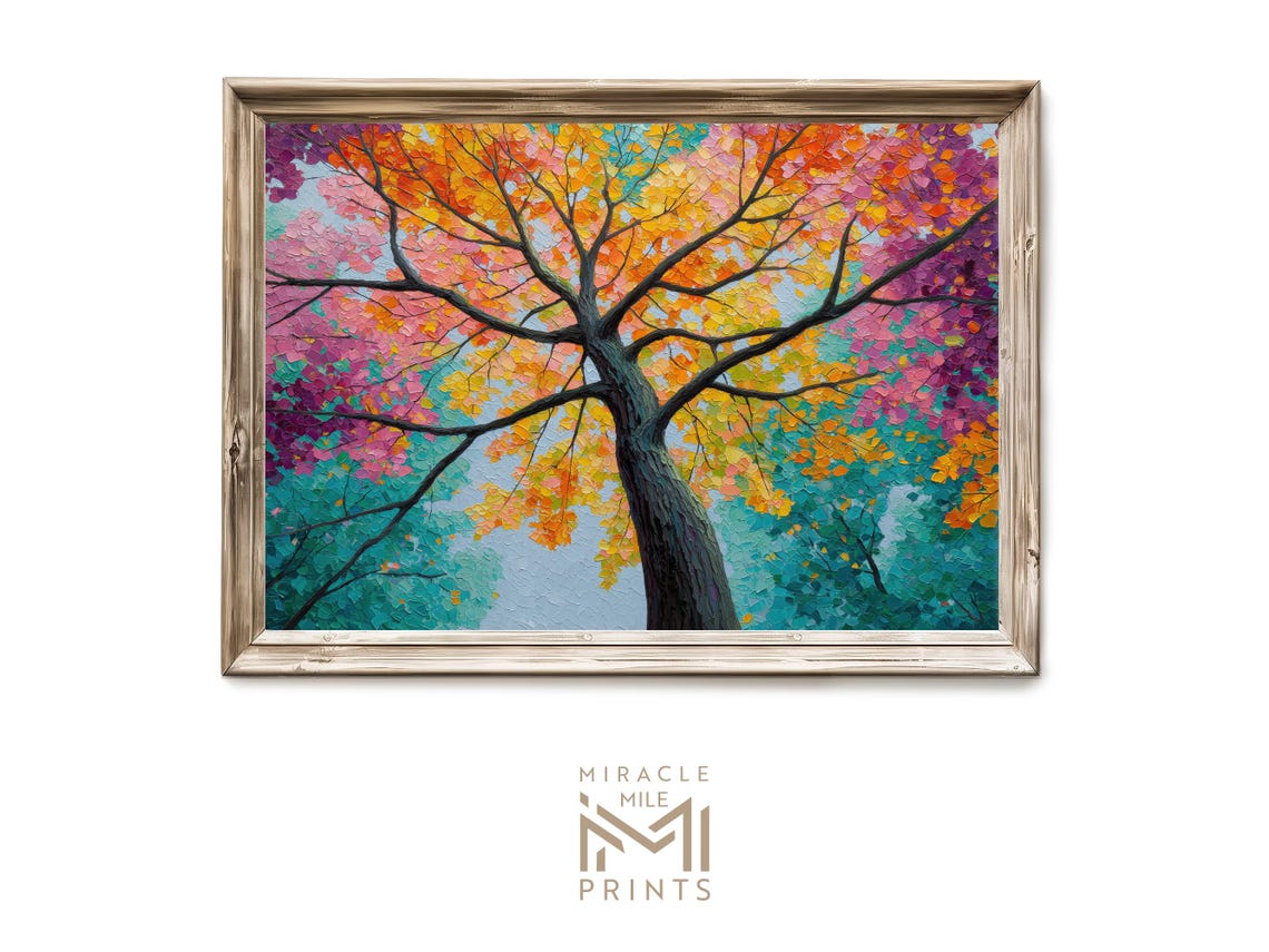Colorful Autumn Tree Impasto Poster Vibrant Fall Foliage Textured Painting