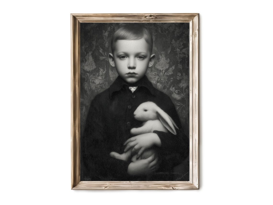 Victorian Boy Holding White Rabbit Vintage Portrait Antique Poster