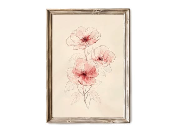 Delicate Botanical Rose Sketch Vintage Ink Floral Line Drawing Rustic Garden Flower Wall Art 10