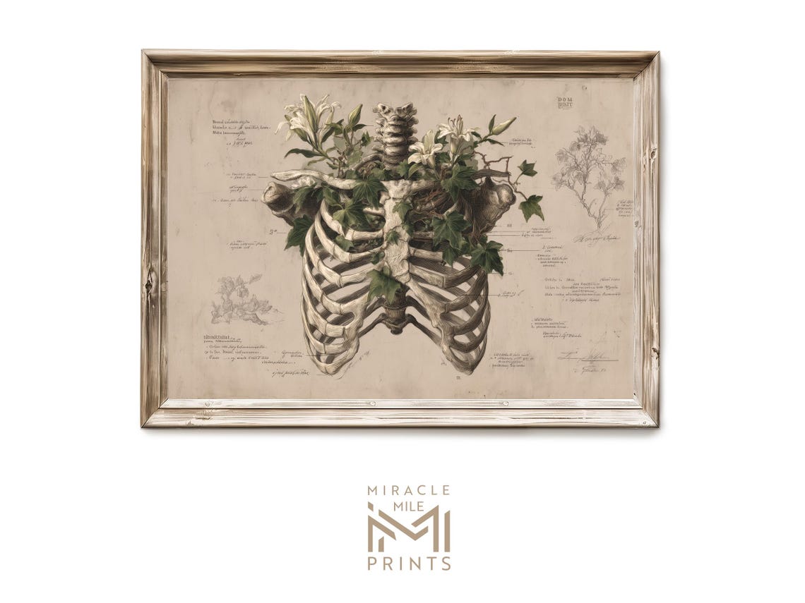Human Ribcage With Flowers Gothic Botanical Anatomy Art Poster