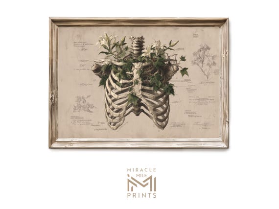 Halloween Human Ribcage With Flowers Illustration Gothic Haunted Wall Art Spooky Vintage Anatomy Print Dark Academia 386