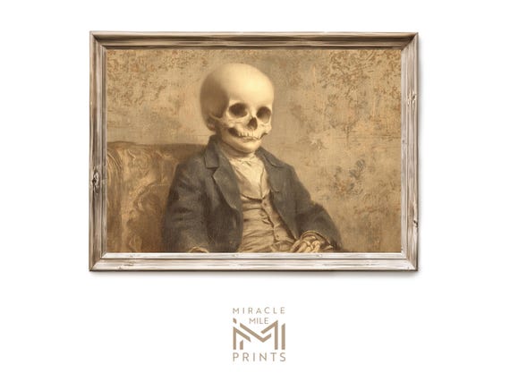 Halloween Gothic Skeleton Portrait Antique Victorian Oil Painting Haunted Spooky Wall Art Dark Academia Vintage 328