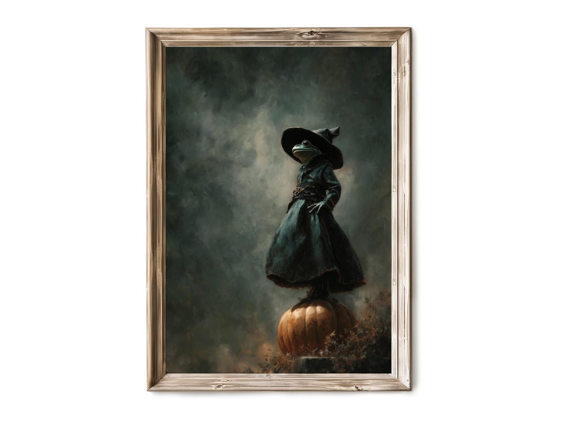 Halloween Wall Art Dark Gothic Frog With Pumpkin Witchy Retro Portrait Vintage Decor Print 246