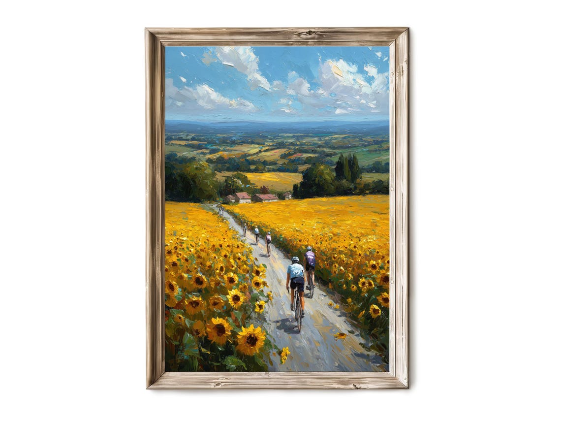 Cyclists Sunflower Fields Summer Road Bright Oil Painting Poster