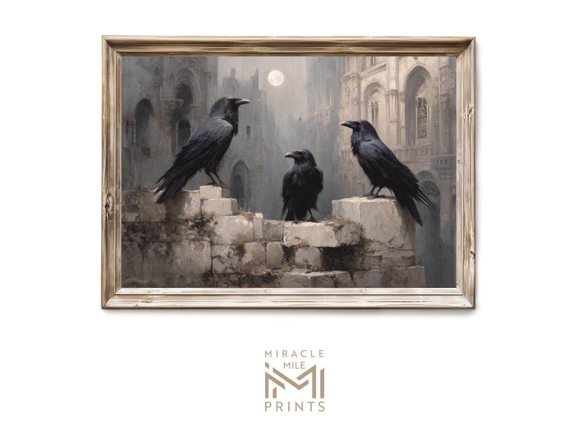 Halloween Ravens On Stone Wall Gothic Haunted Bird Painting Dark Academia Spooky Art Vintage Decor 366