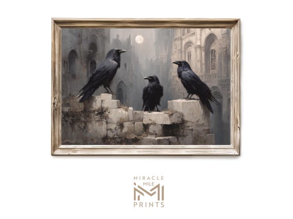 Halloween Ravens On Stone Wall Gothic Haunted Bird Painting Dark Academia Spooky Art Vintage Decor 366
