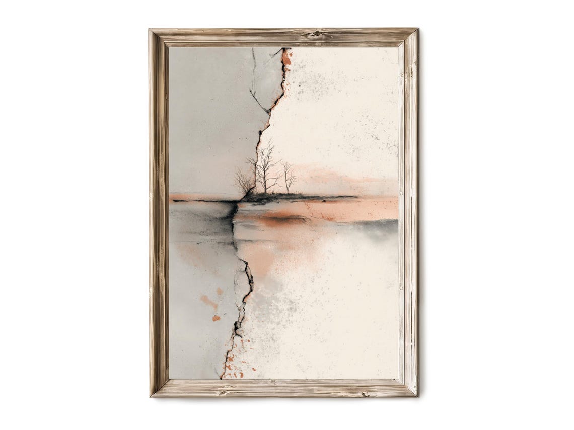 Torn Paper Cracked Landscape Bare Tree Blush Watercolor Art Poster