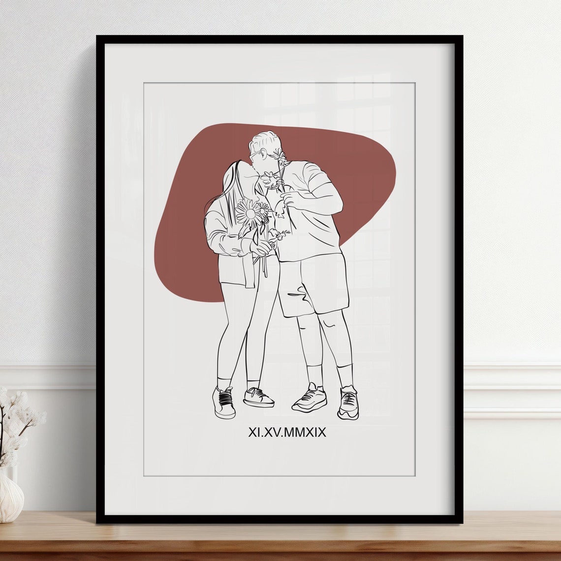 Parents and Son Terracotta Background Custom Line Portrait Poster - Image 4