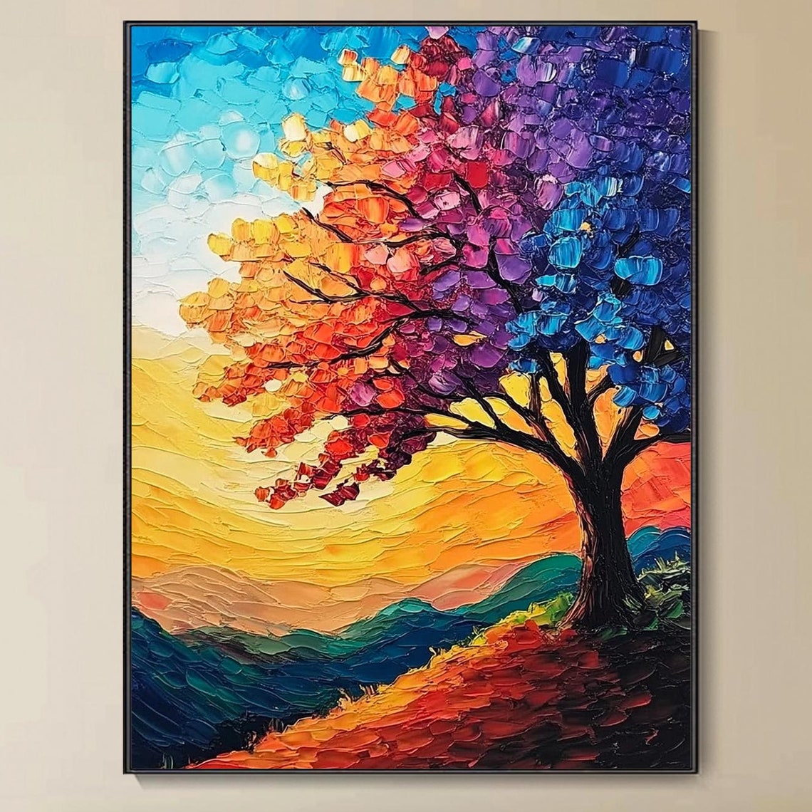 Rainbow Color Tree Sunset Hill Multicolor Foliage Impasto Wall Art - Image 2