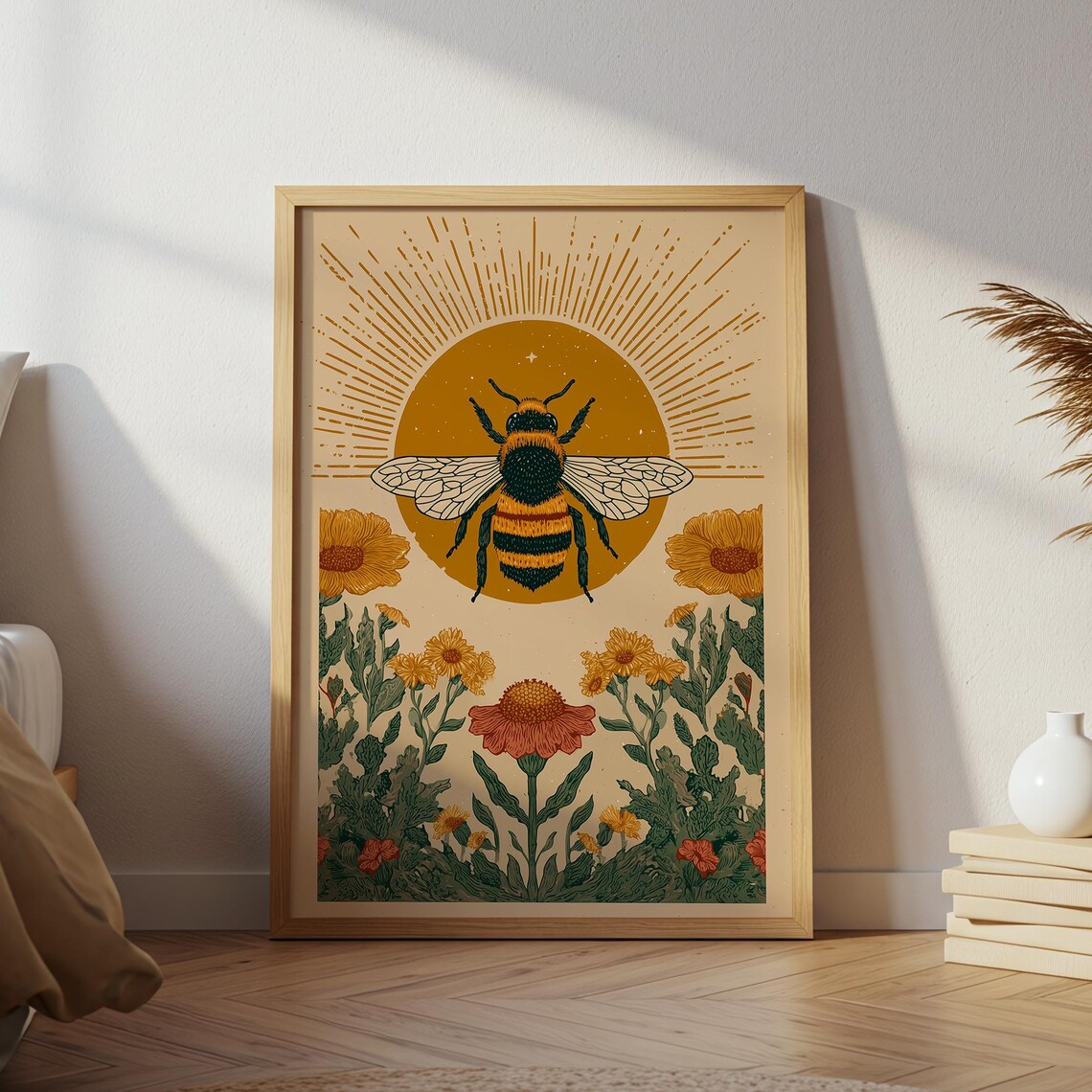 Bee Folk Art Print, Sunflower Botanical Illustration