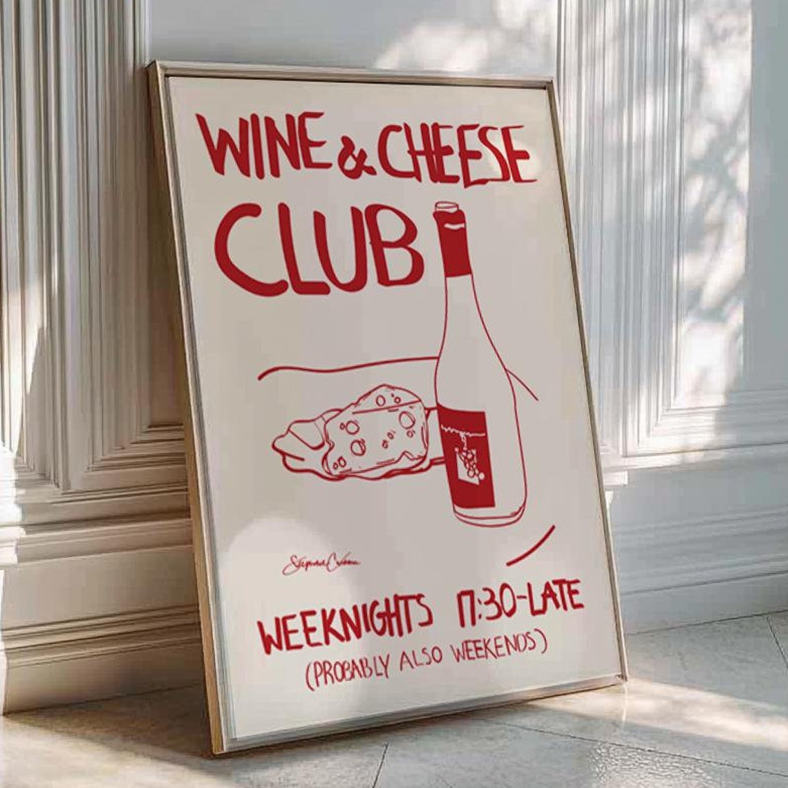 Wine And Cheese Club Weeknights Red Line Art Kitchen Bar Poster