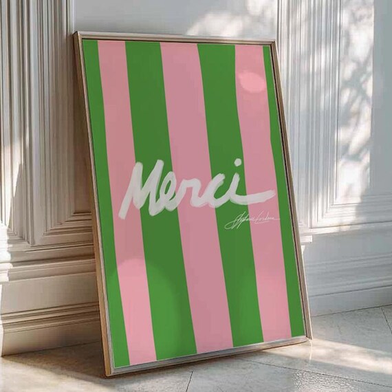 Merci Print Preppy Striped Art Bold Typography French Colorful Minimalist Wall Trendy Bedroom Decor Retro Poster