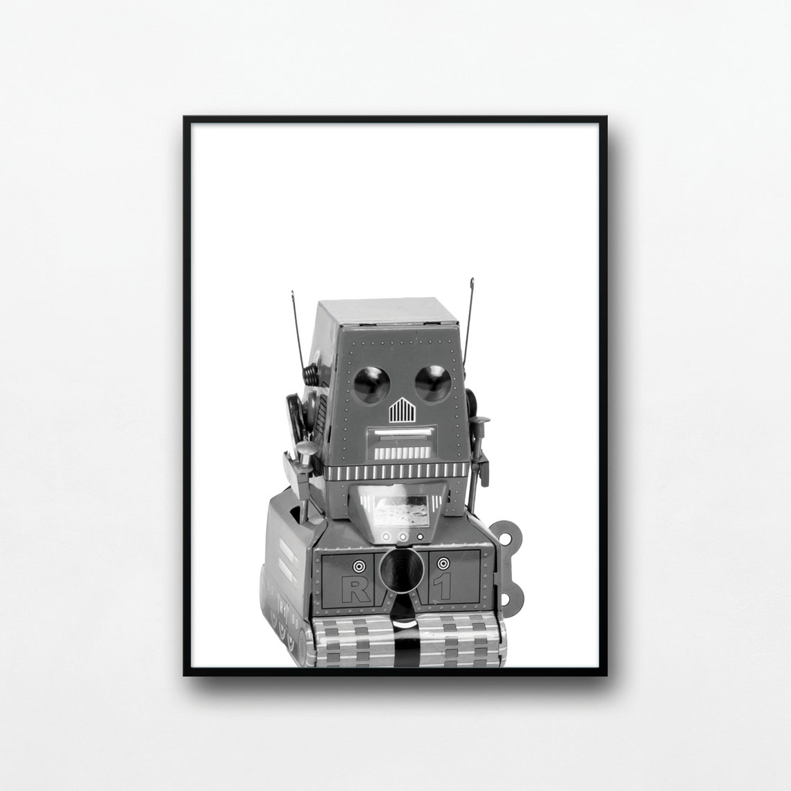R1 Retro Boxy Vintage Tank Robot Toy Black White Kids Poster