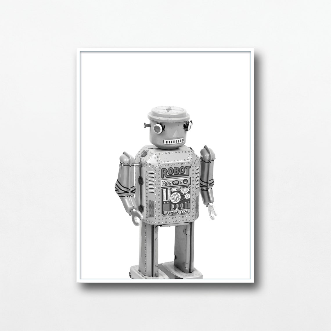 Vintage Tin Robot Toy Black White Retro Robot Kids Room Poster - Image 3