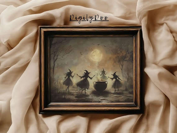 Cauldron Halloween Wall Decor Vintage Witch Painting Rustic Witchy Halloween Art Moody Wallpaper Dark Academia