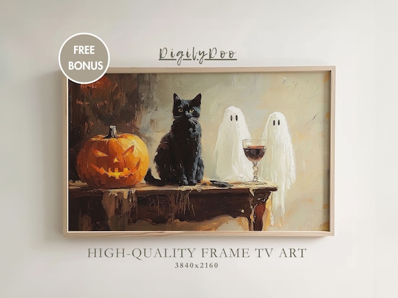Black Cat Jack O Lantern Ghosts Halloween Night Table Scene Poster