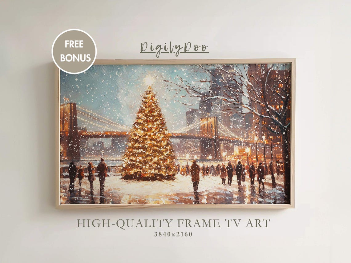 Brooklyn Bridge Lit Christmas Tree Snowy Night City Lights Poster
