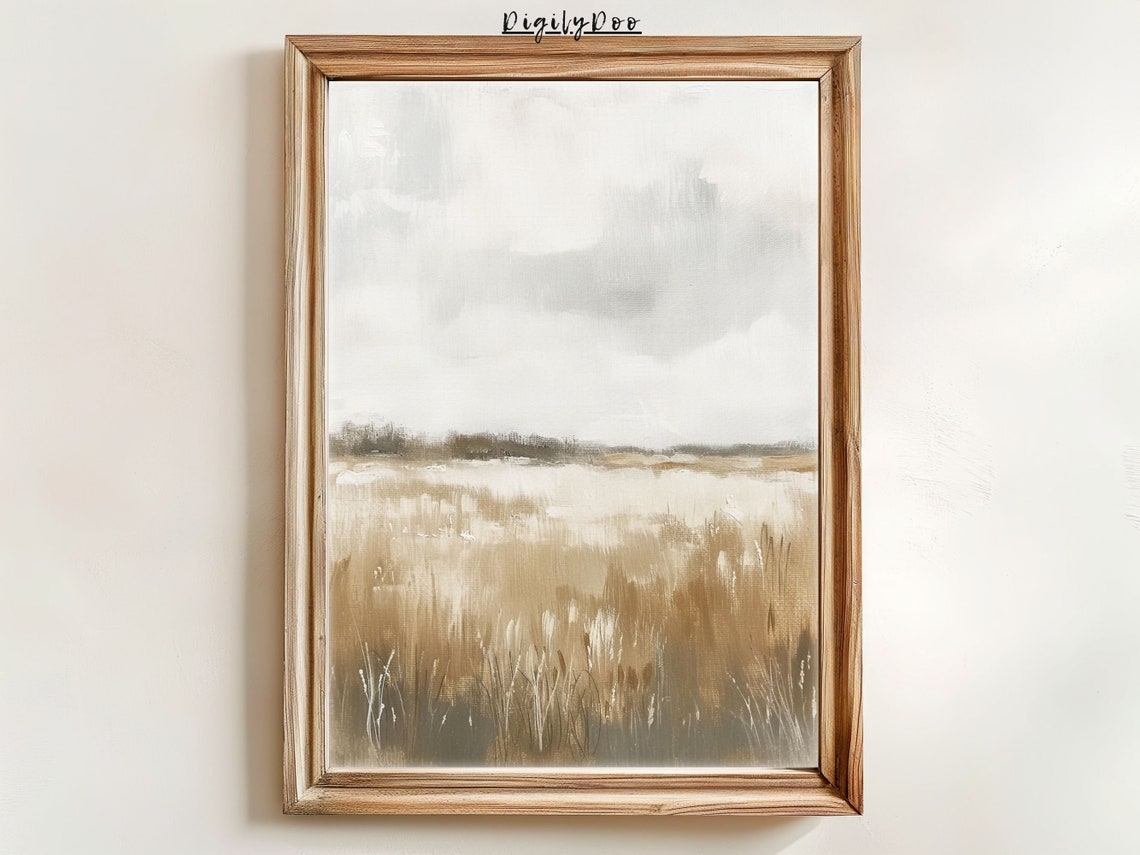 Neutral Beige Meadow Grasses Cloudy Sky Minimalist Field Poster