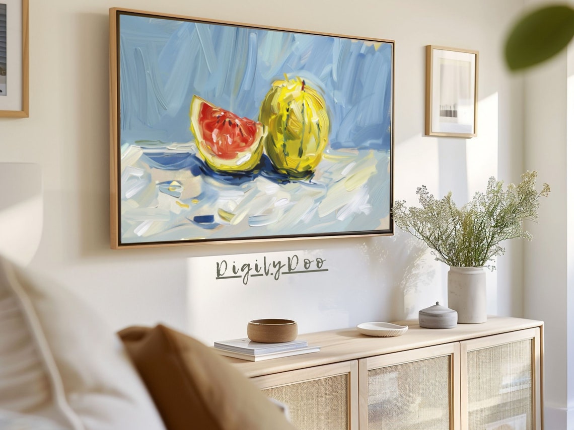 Fresh Watermelon and Melon Slice Impressionist Oil Frame TV Print - Image 3