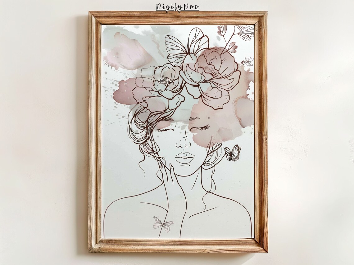 Woman Line Drawing Art Print, Minimalist Floral Portrait
