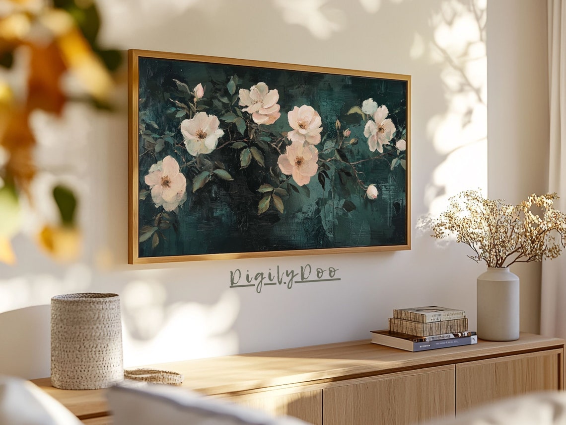 Elegant White Wild Roses Dark Teal Moody Floral Frame TV Print - Image 3