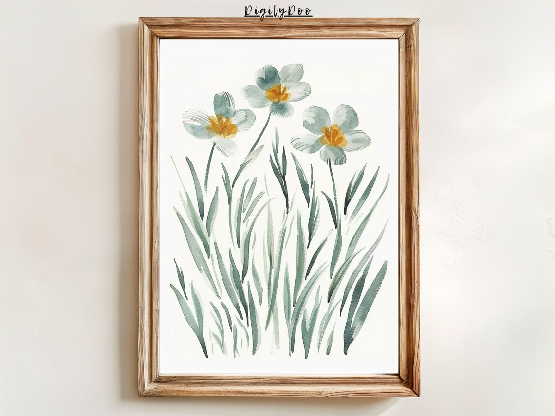 White Daffodils Yellow Centers Watercolor Botanical Flower Print