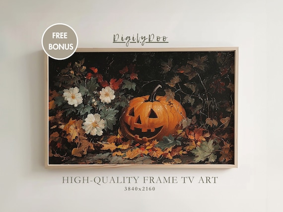 Glowing Jack O Lantern White Blossoms Autumn Night Frame TV Print