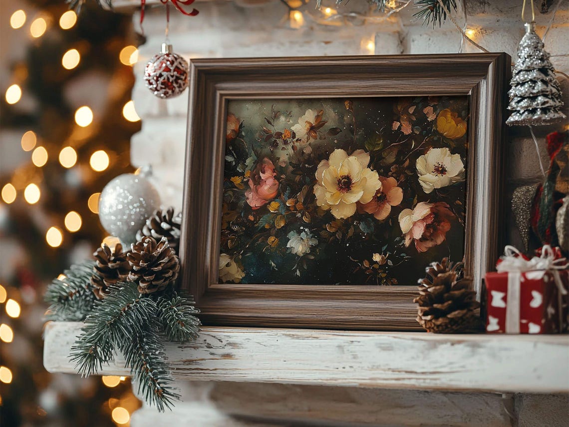 Christmas Floral Wall Art Xmas Winter Flowers Art Print Winter Holiday Decor Natural Moody Prints Antique Dark Flower Painting - Image 3