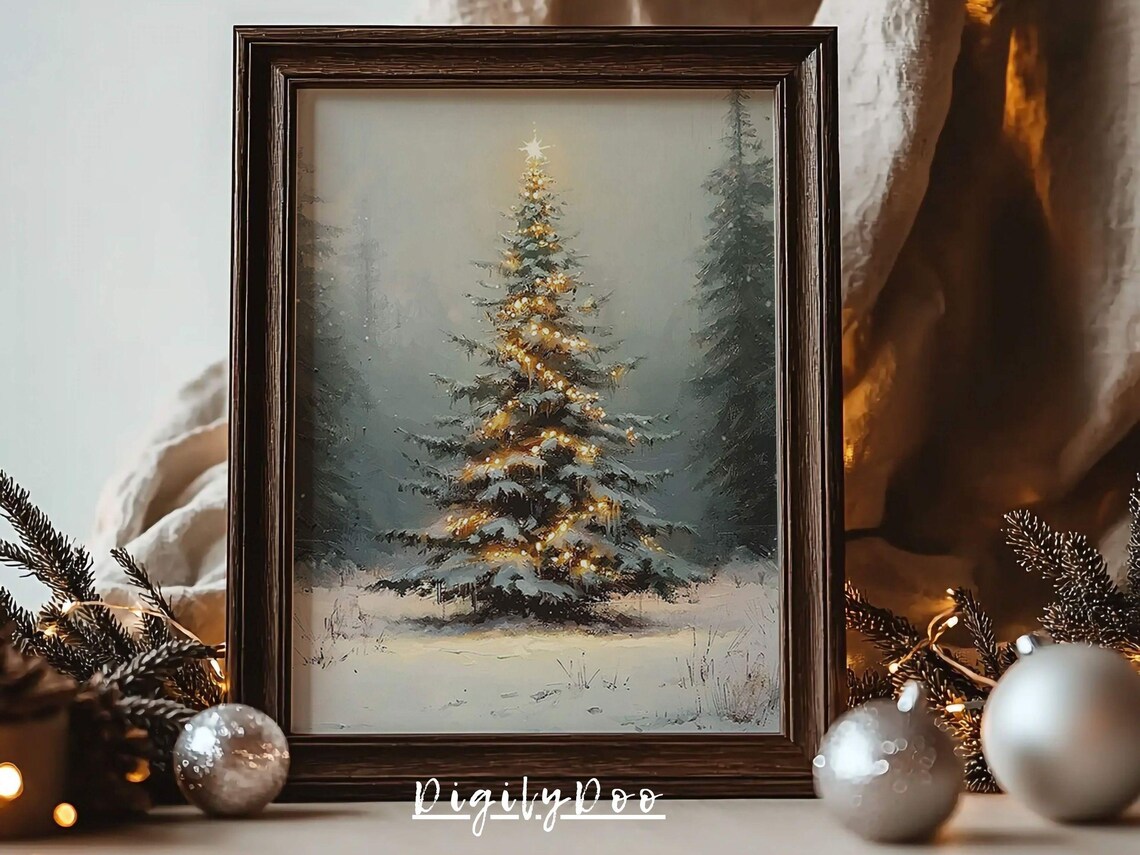 Vintage Christmas Tree Art Print, Neutral Evergreen