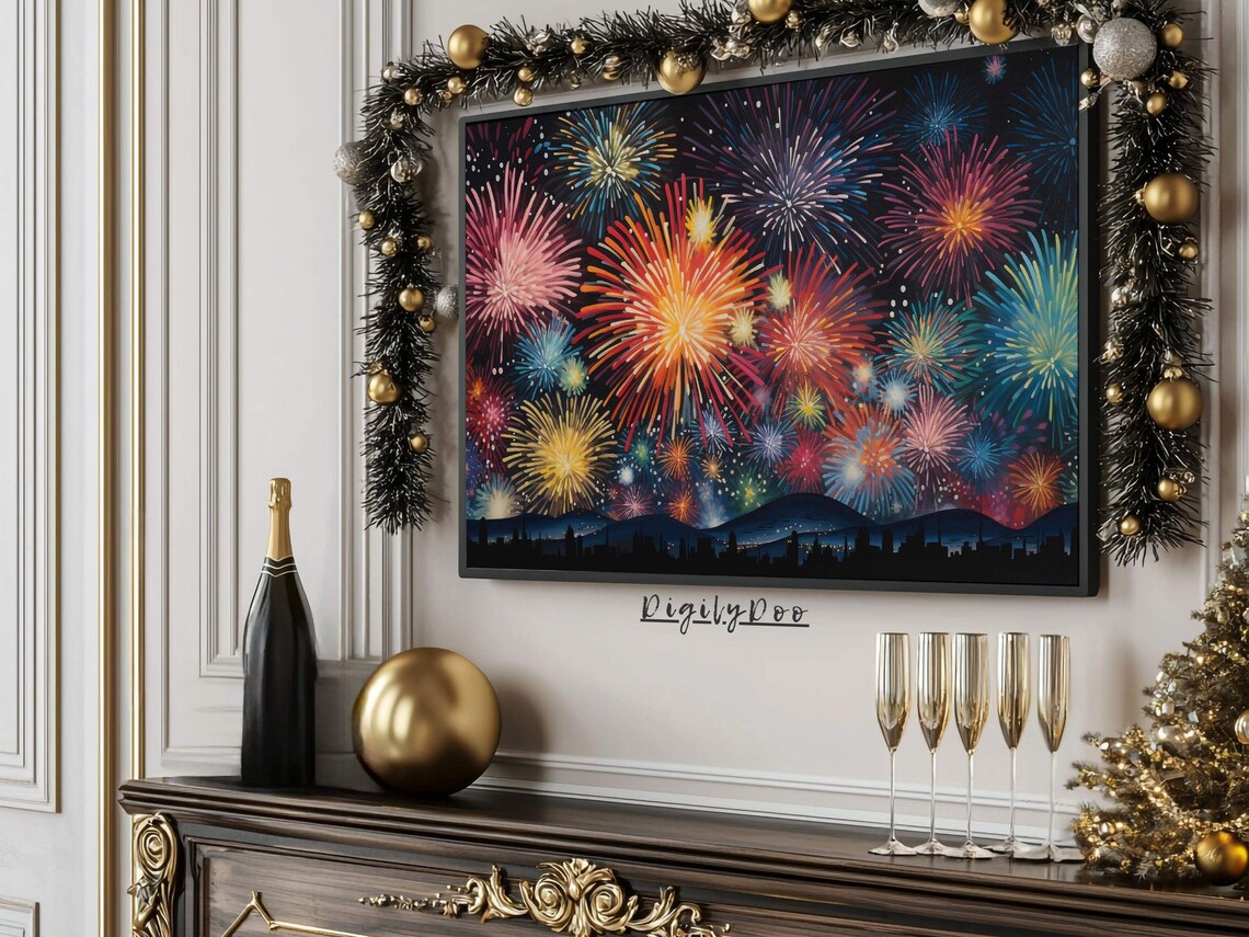 Colorful New Year Eve Fireworks City Skyline Night Frame TV Poster - Image 3