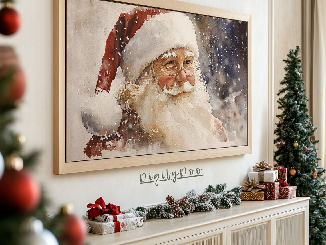 Santa Claus Watercolor Portrait Close Up Snowy Christmas Art Poster - Image 3
