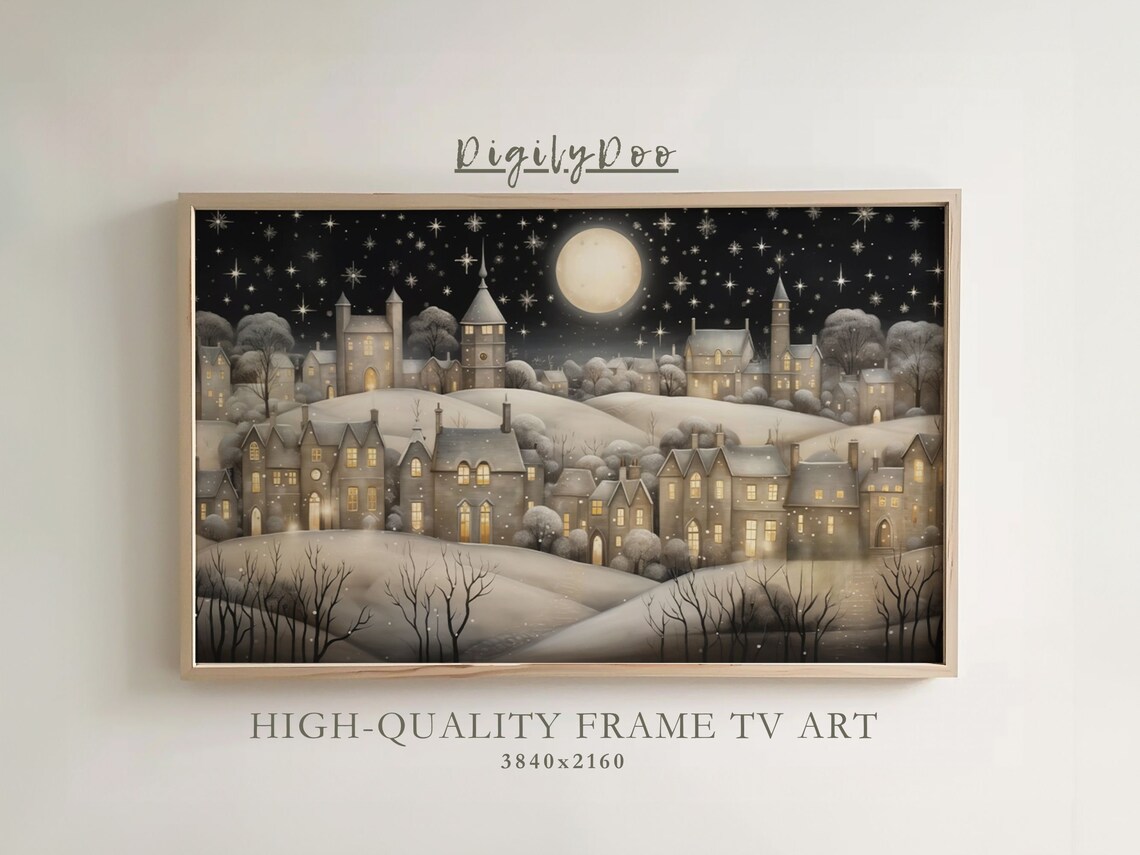 Snowy Vintage Town Christmas Artwork, Holiday Landscape