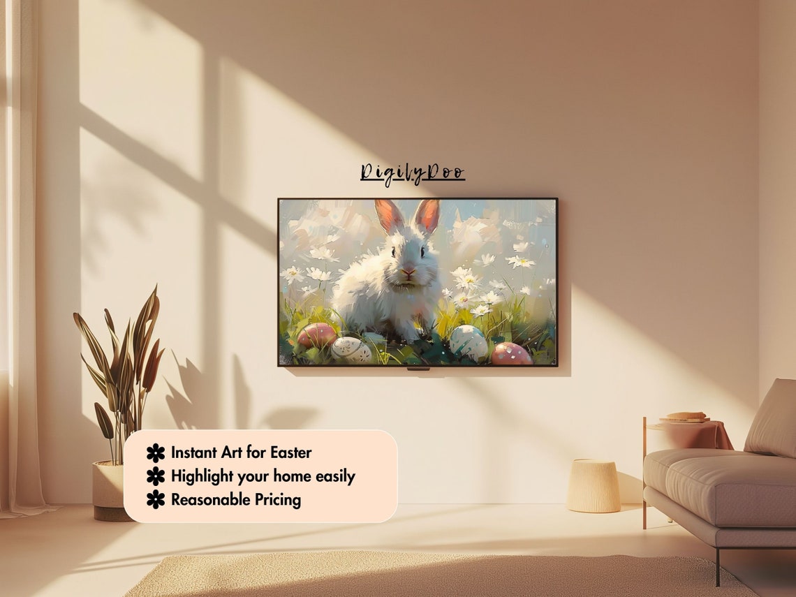 Cute Fluffy White Bunny Easter Eggs Daisy Grass Painting Poster - Image 3