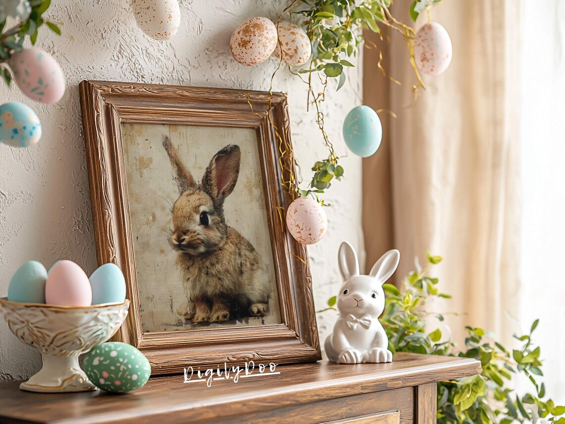 Vintage Baby Bunny Print, Rustic Easter Decor - Image 3