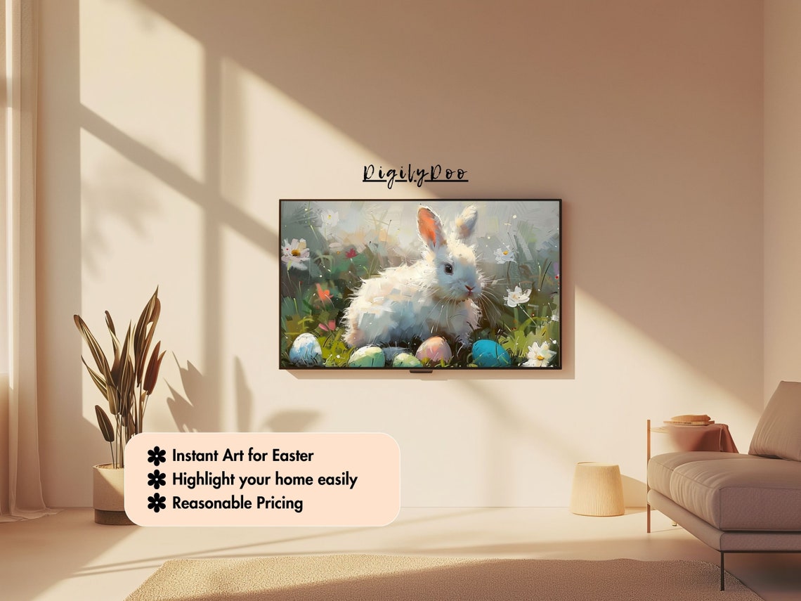 Easter Frame Tv Art Tiny White Bunny With Easter Eggs Tv Art Cute Rabbit Painting Spring Vintage Farmhouse Decor - Image 3