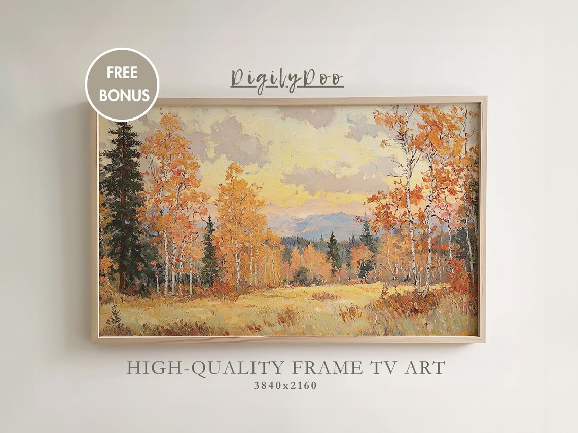 Autumn Trees Landscape Painting, Rustic Forest Decor