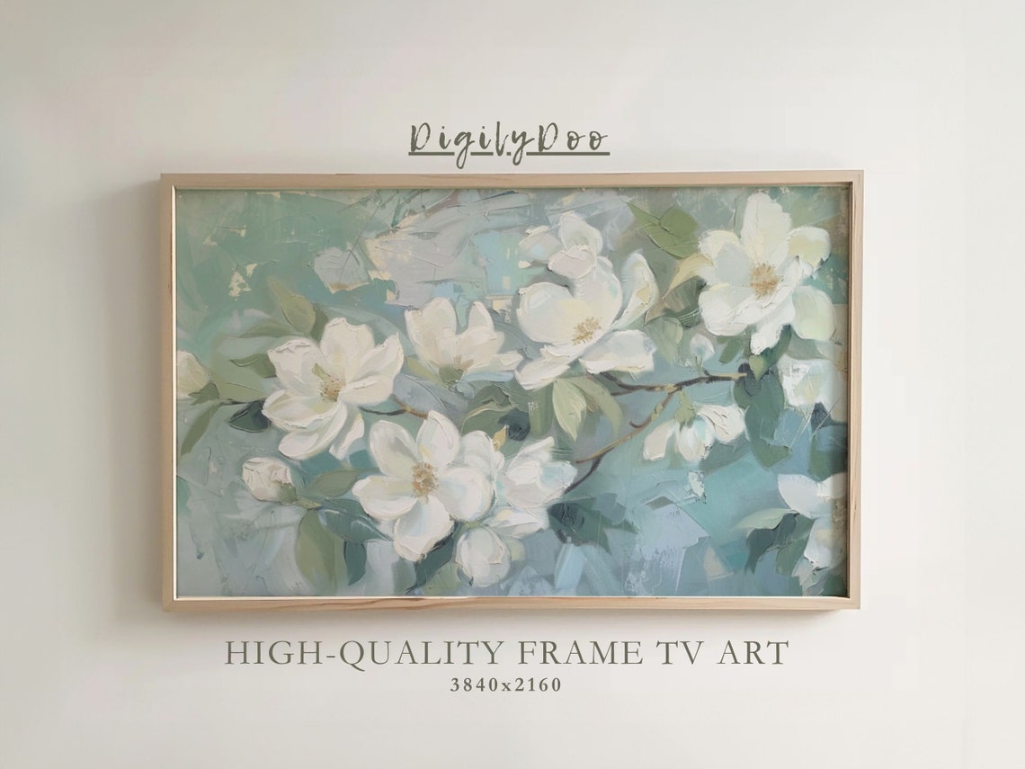 White Magnolia Blossoms Sage Blue Impressionist Frame TV Print