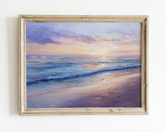 Sunset Beach Ocean Waves Pastel Seascape Coastal Shoreline Decor Poster