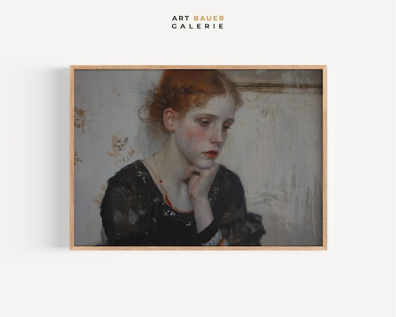 Sad Red Haired Woman Contemplative Blue Room Portrait Vintage Art Print