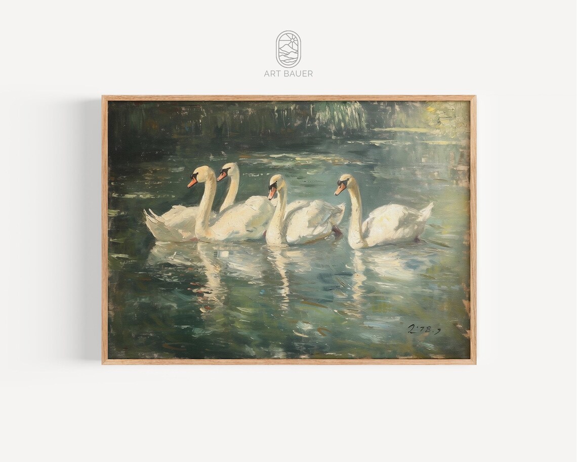 Elegant Swans Pond Scene Rustic Nature Art Print