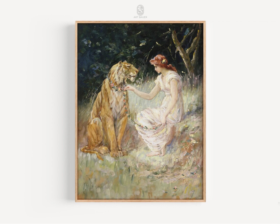 Lady And The Tiger Church 1900 Woman Garland Tiger Garden Art Poster - Image 3