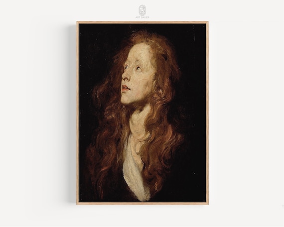 Van Dyck Head Study of Woman Gazing Upward Dark Background Art Print